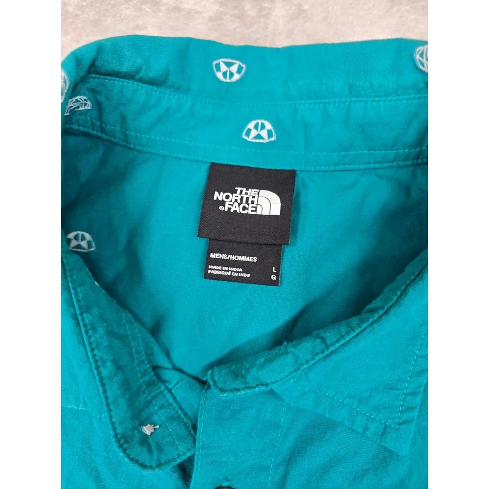 The North Face Igloo Print Shirt Mens Large Teal Cotton Short Sleeve Button Down